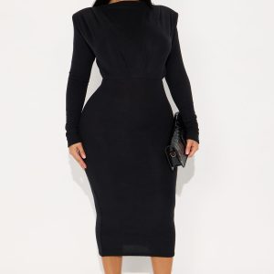 Long Sleeve Sweater Midi Dress - Black