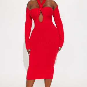 Sweater Midi Dress - Red